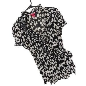 NWOT! SUNNY LEIGH! "SCRUNCHY" BLACK, TAN POLKA DOTS, RUFFLED BLOUSE, TOP! SZ L